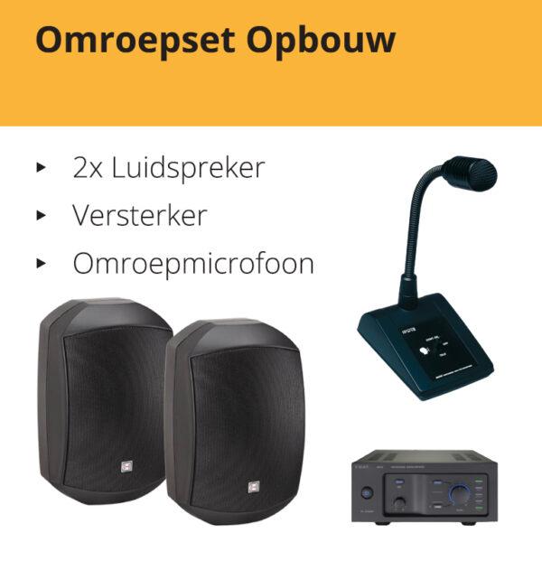 Omroepset opbouw inclusief luidsprekers, versterker en omroepmicrofoon